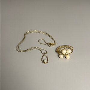 Costume Jewelry Gold Pearl Teardrop Necklace and Pearl Cluster Ring Set